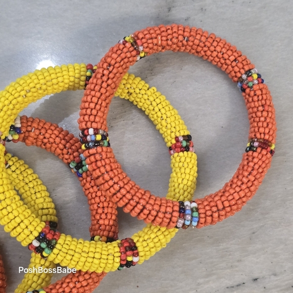 Set of 9 Handmade Maasai-Style Seed Bead Bangle Bracelets – Red, Yellow, Orange - Picture 11 of 11